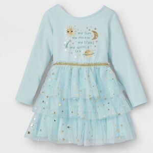 Nwt Toddler Girls Sun & Moon Blue And Gold Tiered Tutu Longsleeve Dress